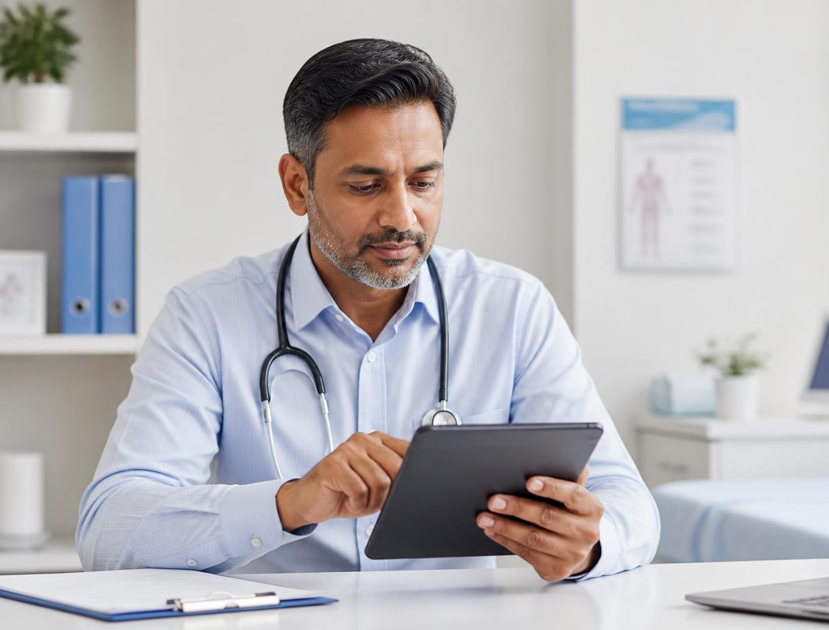 A physician in his forties reviewing lab results on a tablet