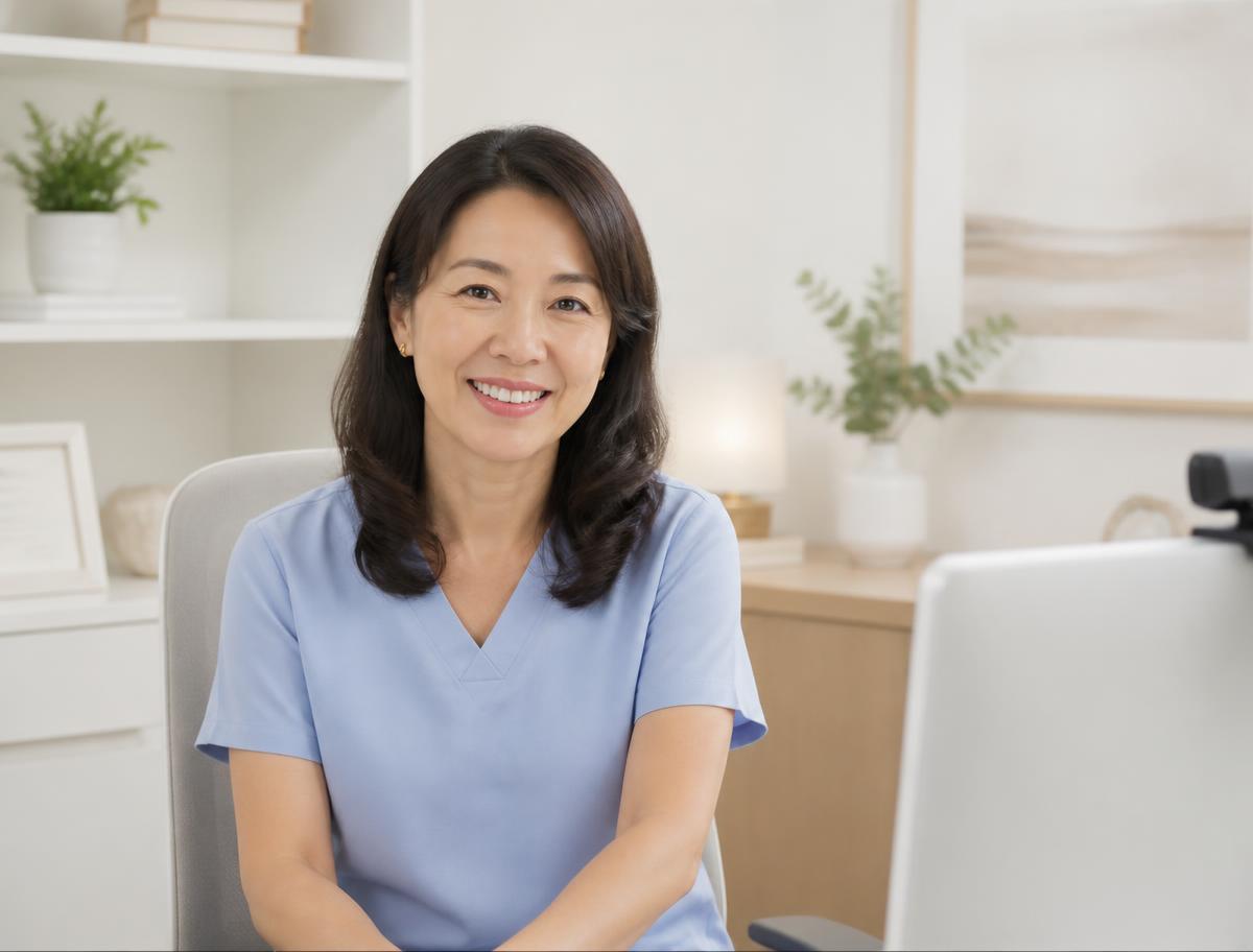 A nurse practitioner in her forties smiling during a telehealth visit