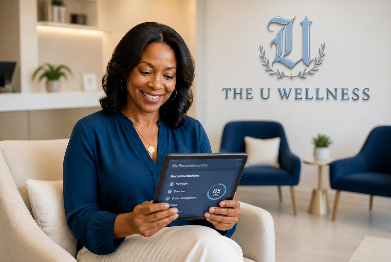 An African American woman in her 40s reviewing her wellness plan on a tablet in a bright, modern space