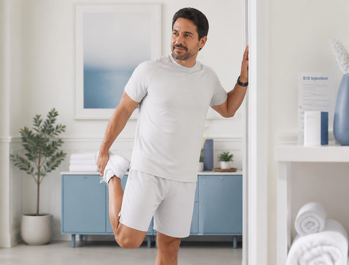 A man in his forties stretching after a workout at home