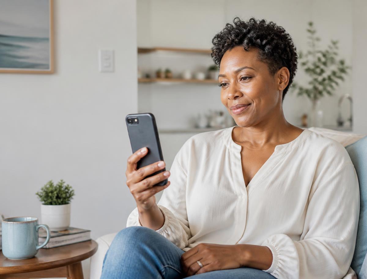 A patient in her forties meeting her provider on a video visit from home